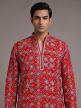 Red chanderi silk mens kurta with geometric floral sequin embroidery