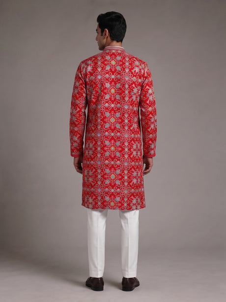 Red chanderi silk mens kurta with geometric floral sequin embroidery