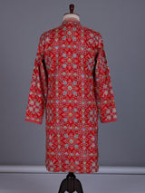 Red chanderi silk mens kurta with geometric floral sequin embroidery