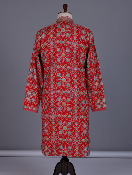 Red chanderi silk mens kurta with geometric floral sequin embroidery