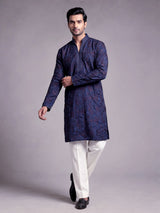 Dark blue tusser silk mens kurta with botanical jaal embroidery