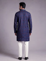 Dark blue tusser silk mens kurta with botanical jaal embroidery