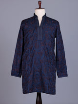 Dark blue tusser silk mens kurta with botanical jaal embroidery