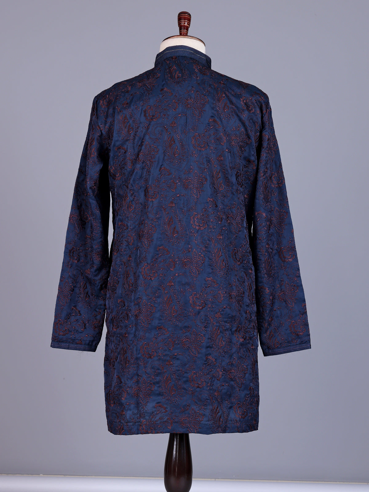 Dark blue tusser silk mens kurta with botanical jaal embroidery