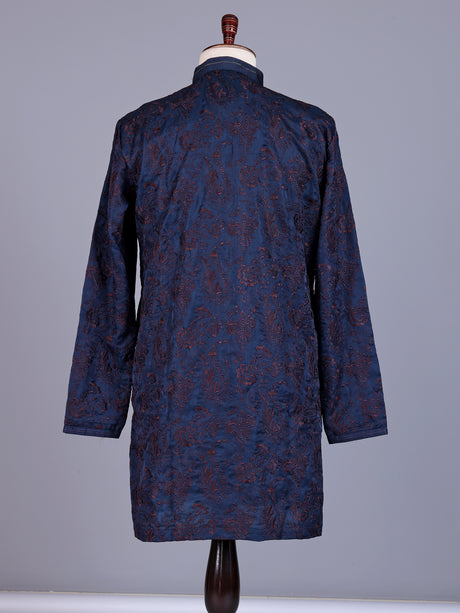 Dark blue tusser silk mens kurta with botanical jaal embroidery
