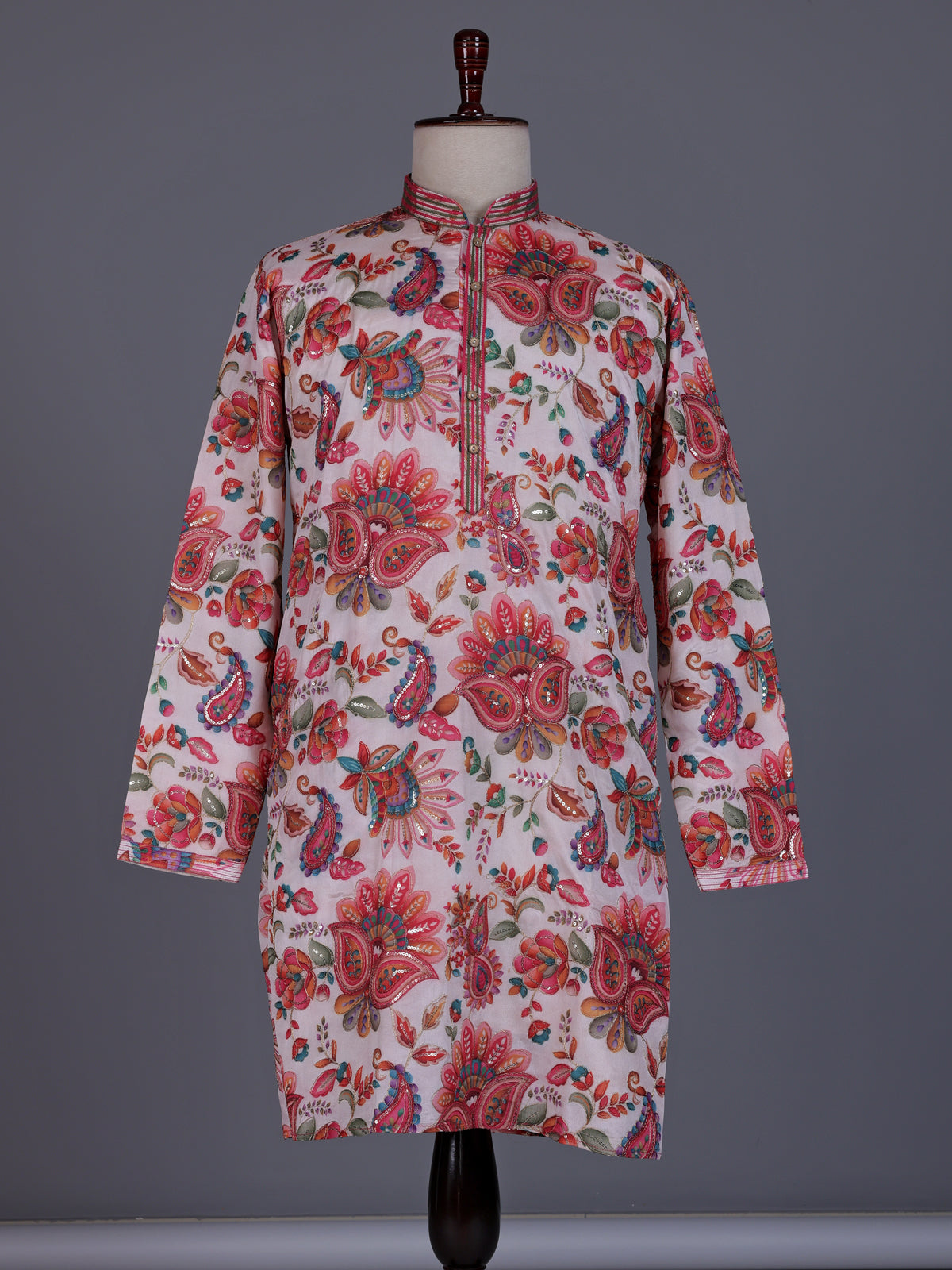 Off white modal silk floral printed mens kurta with sequin jaal