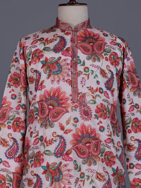 Off white modal silk floral printed mens kurta with sequin jaal