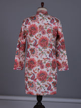 Off white modal silk floral printed mens kurta with sequin jaal
