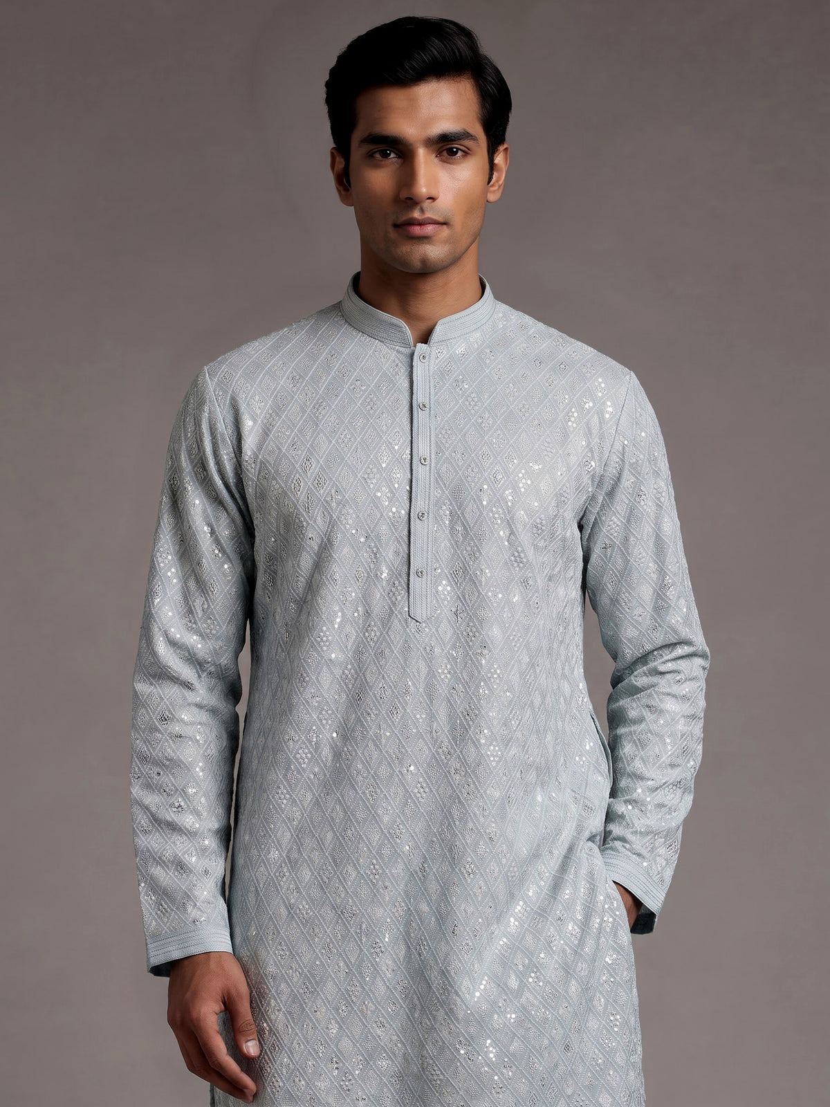 Mint blue modal silk mens kurta with geometric sequin embroidery