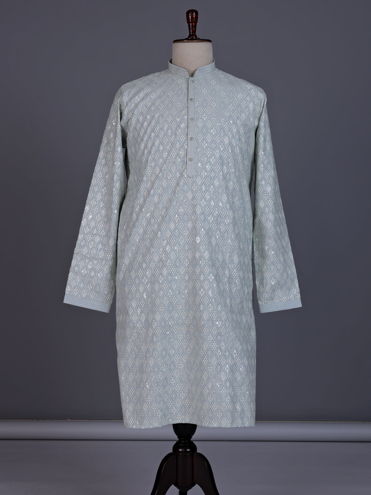 Mint blue modal silk mens kurta with geometric sequin embroidery