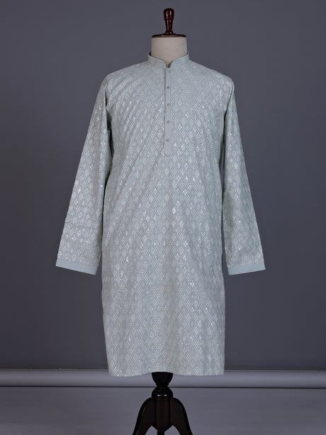 Mint blue modal silk mens kurta with geometric sequin embroidery