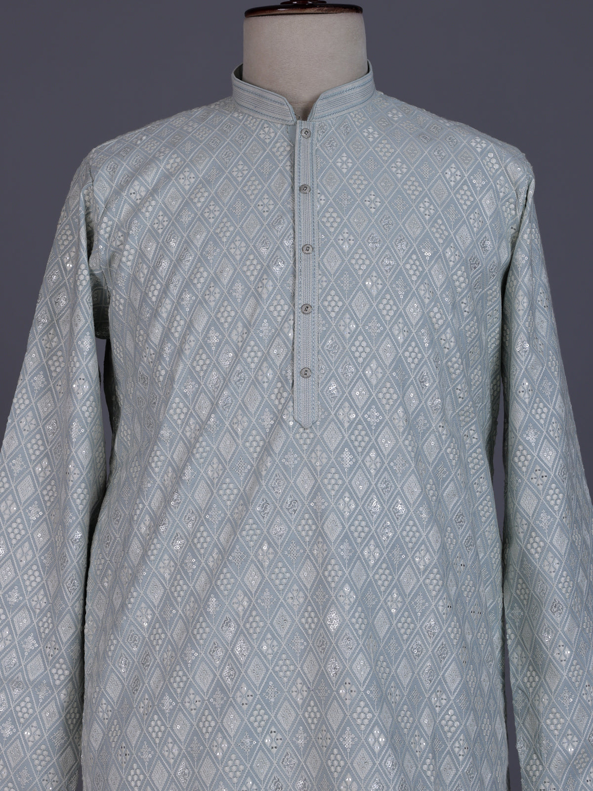 Mint blue modal silk mens kurta with geometric sequin embroidery