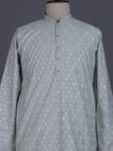 Mint blue modal silk mens kurta with geometric sequin embroidery