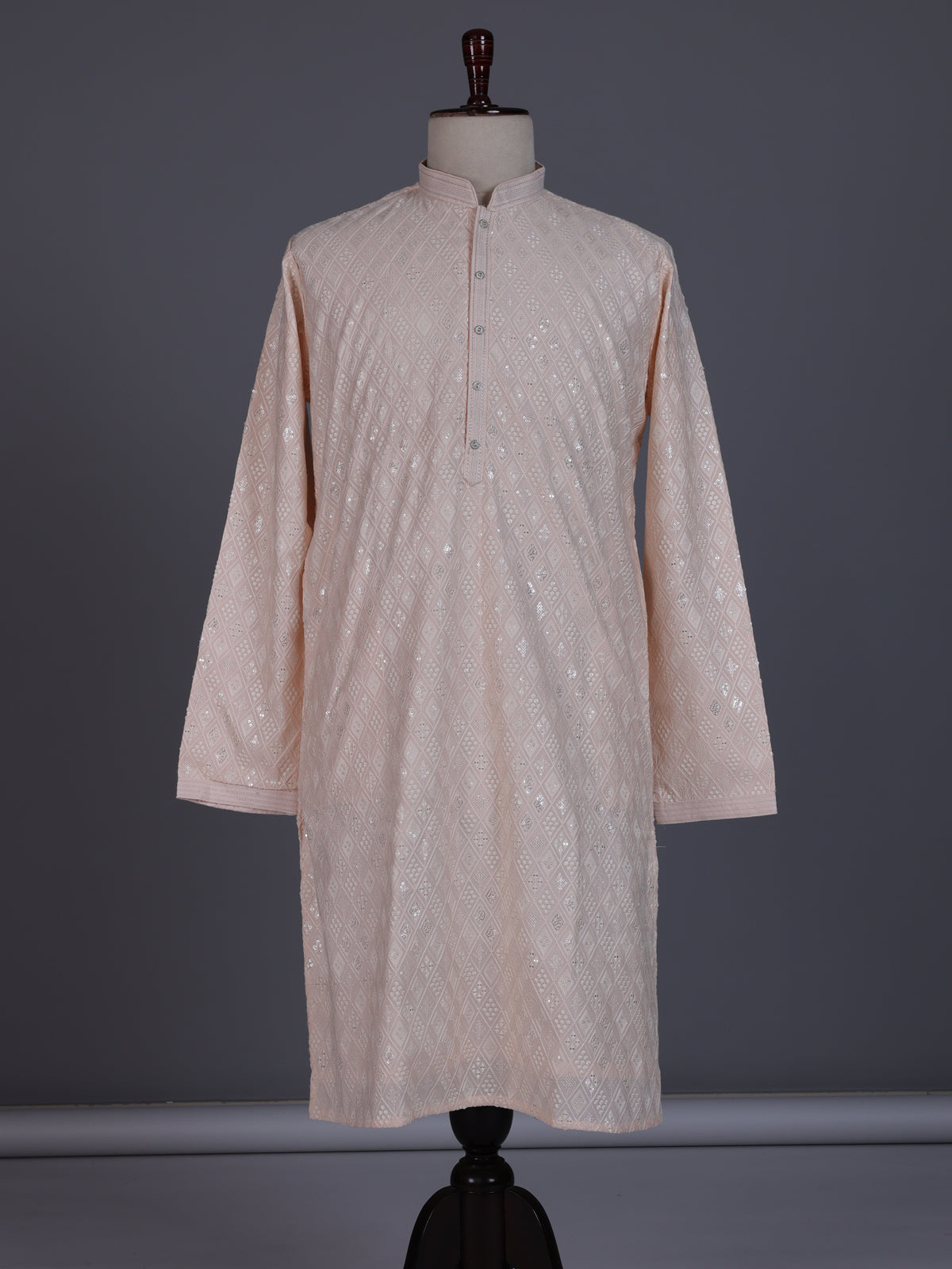 Peach modal silk mens kurta with chikankari-inspired sequin embroidery