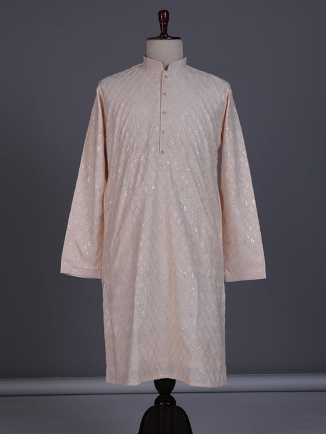 Peach modal silk mens kurta with chikankari-inspired sequin embroidery