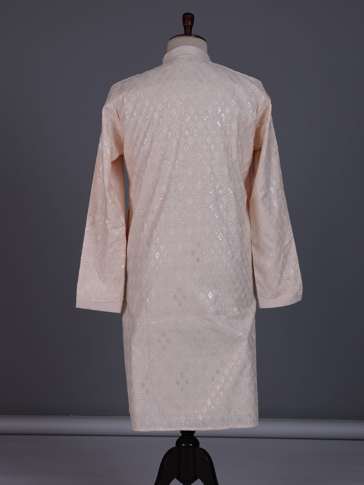 Peach modal silk mens kurta with chikankari-inspired sequin embroidery