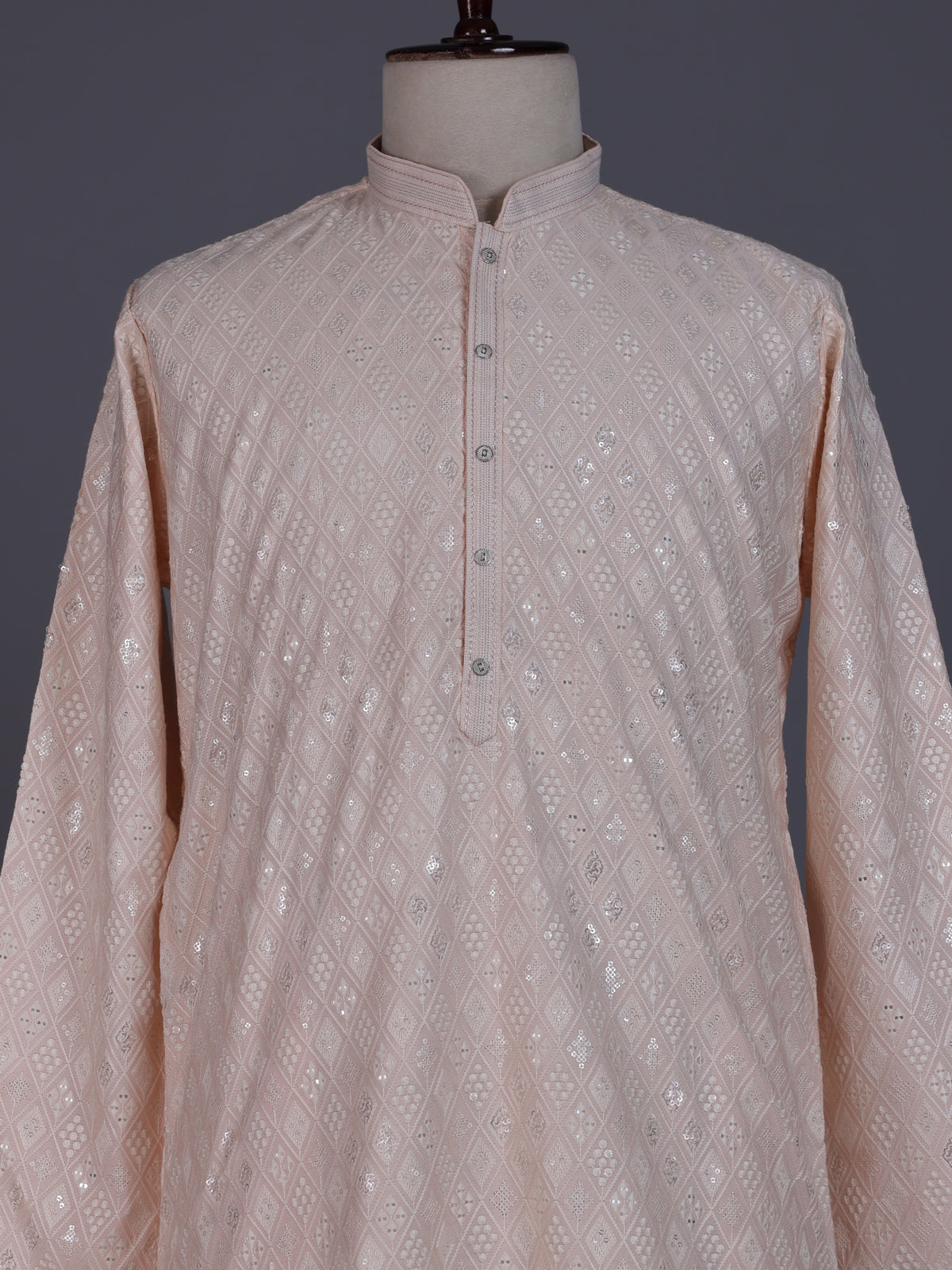 Peach modal silk mens kurta with chikankari-inspired sequin embroidery