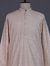 Peach modal silk mens kurta with chikankari-inspired sequin embroidery