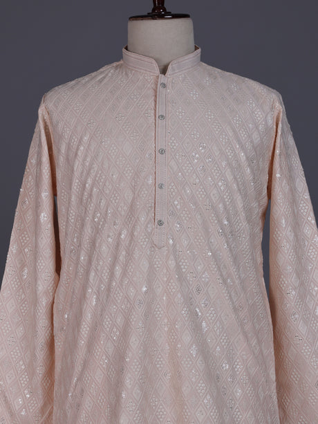 Peach modal silk mens kurta with chikankari-inspired sequin embroidery