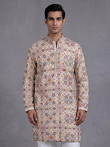 Cream chanderi silk mens kurta with kaleidoscopic floral sequin embroidery