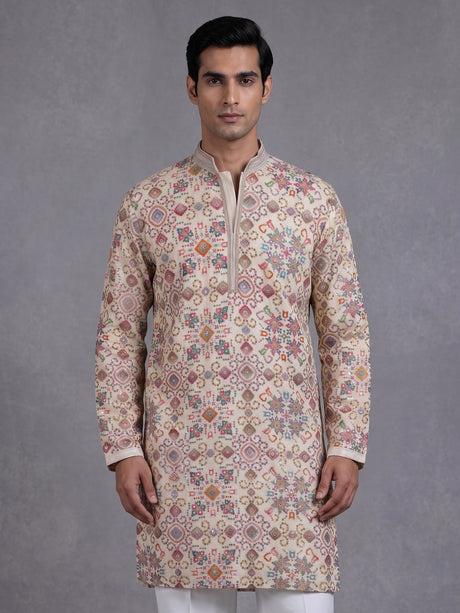 Cream chanderi silk mens kurta with kaleidoscopic floral sequin embroidery