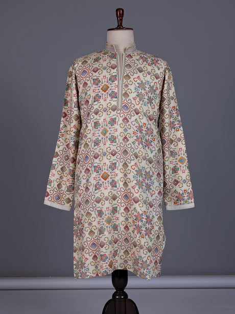 Cream chanderi silk mens kurta with kaleidoscopic floral sequin embroidery