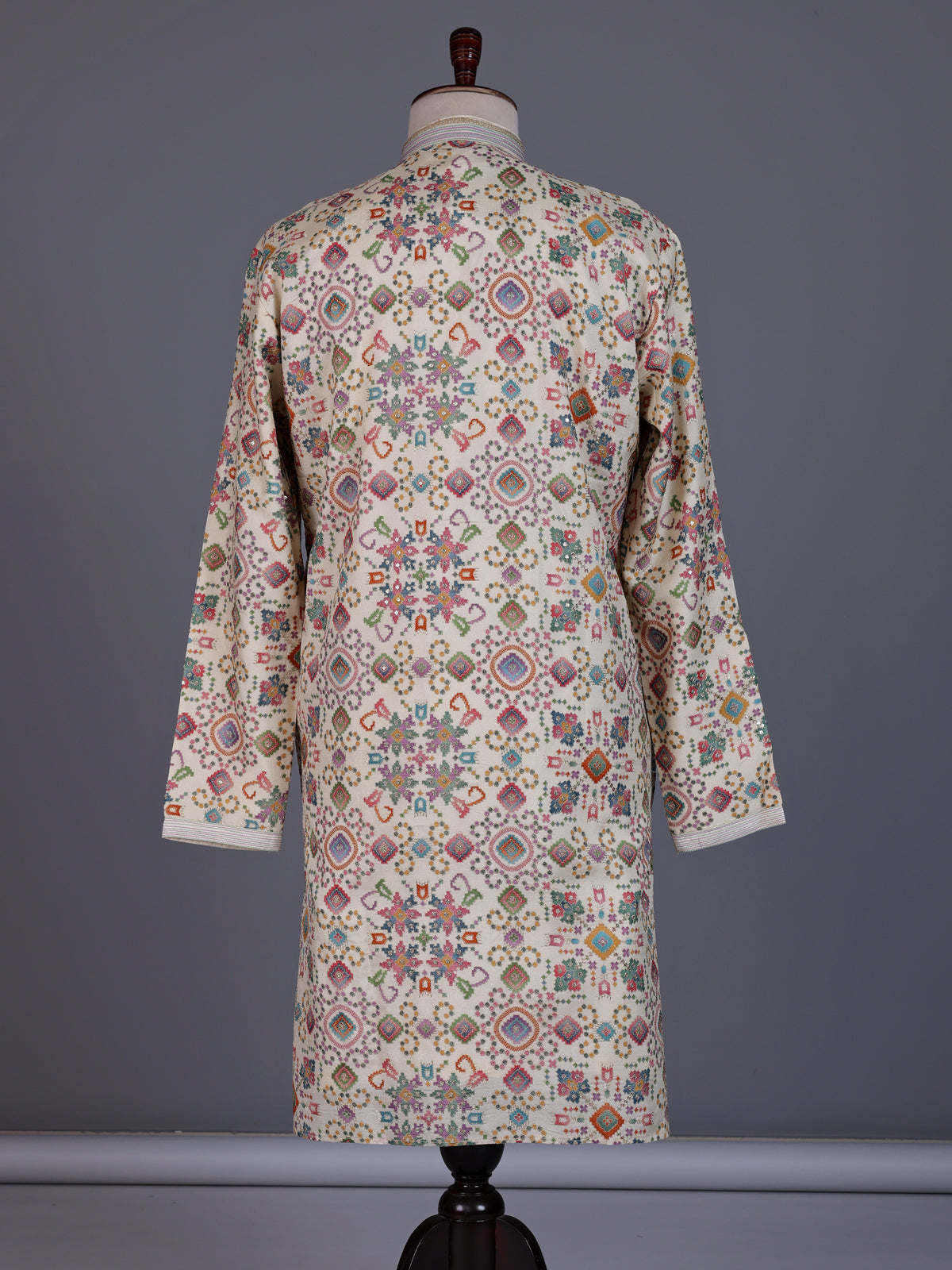 Cream chanderi silk mens kurta with kaleidoscopic floral sequin embroidery