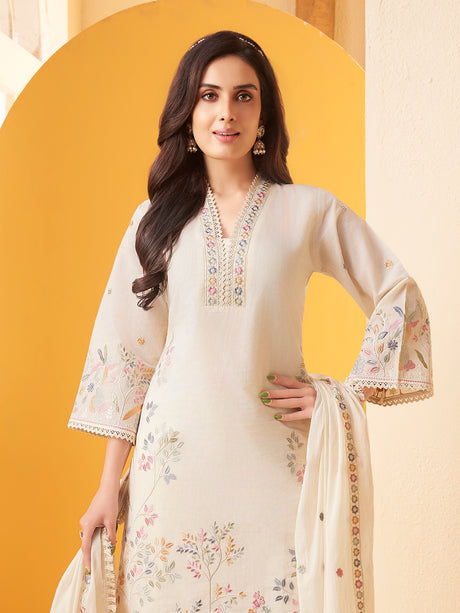 Off white cotton straight cut salwar suit with embroidery