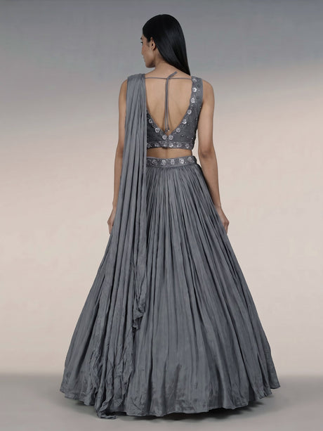Grey chiffon georgette lehenga choli with diamond embellishments