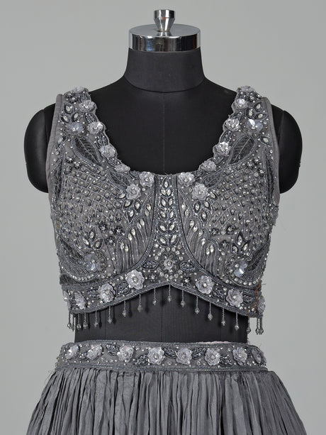 Grey chiffon georgette lehenga choli with diamond embellishments
