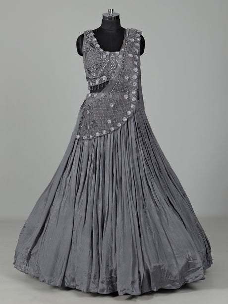 Grey chiffon georgette lehenga choli with diamond embellishments