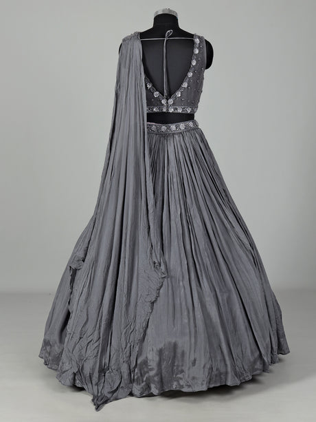 Grey chiffon georgette lehenga choli with diamond embellishments