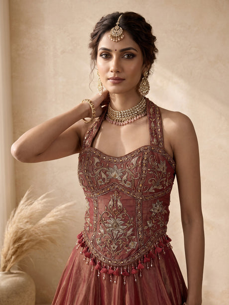 Rust red silk lehenga choli with intricate aabla embroidery