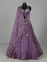 Blue georgette printed lehenga choli with embellished tassels