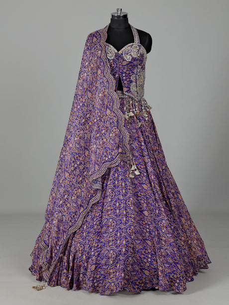 Blue georgette printed lehenga choli with embellished tassels