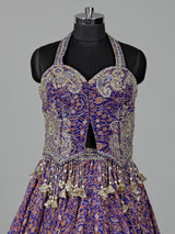 Blue georgette printed lehenga choli with embellished tassels