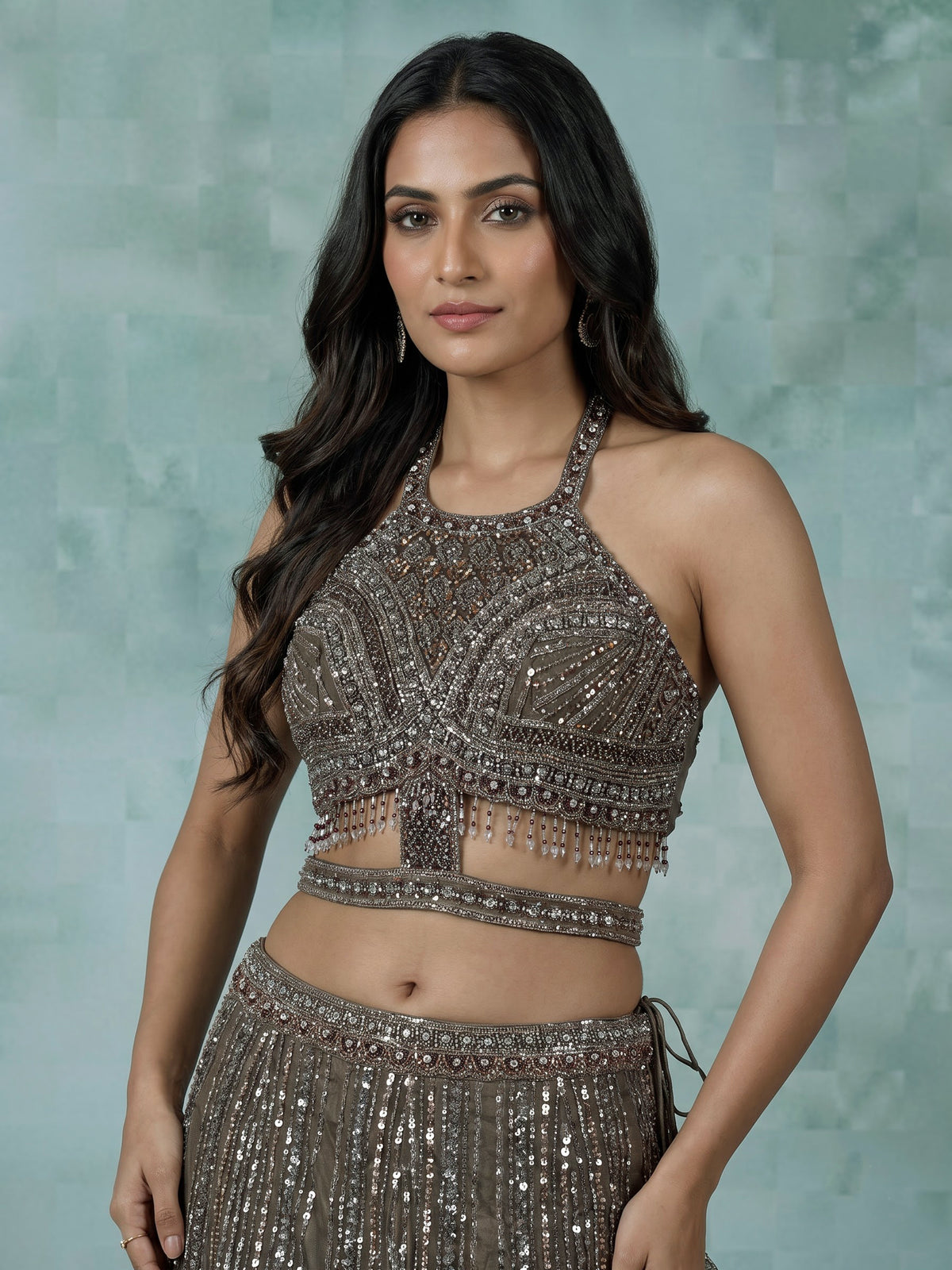 Dark mehendi green silk lehenga choli with diamond embellishments