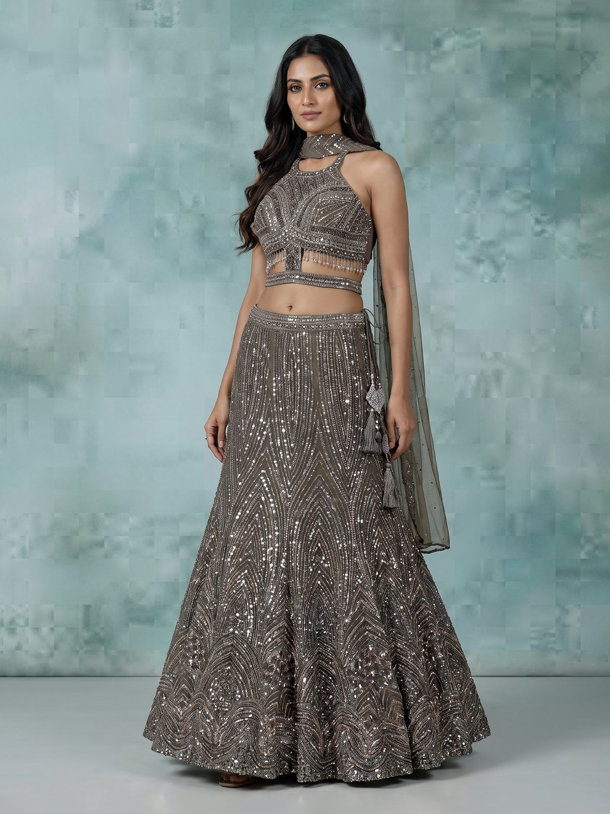 Dark mehendi green silk lehenga choli with diamond embellishments