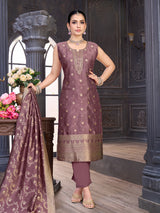 Mauve purple silk salwar suit with sweetheart neckline and zardosi work