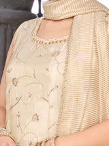 Cream silk salwar suit with embroidered work and zari dupatta