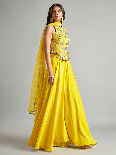 Yellow silk wedding wear palazzo suit with dupatta