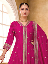 Rani pink silk pakistani anarkali suit with sequins and palazzo pants