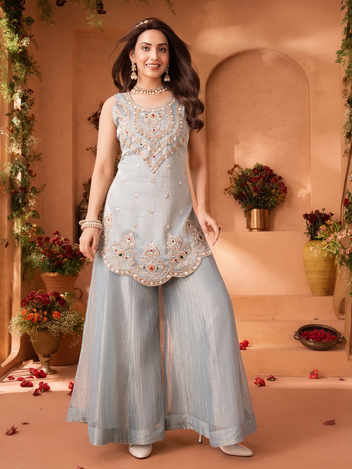 Mint blue chiffon tissue palazzo suit with diamond, cutdana and embroidery