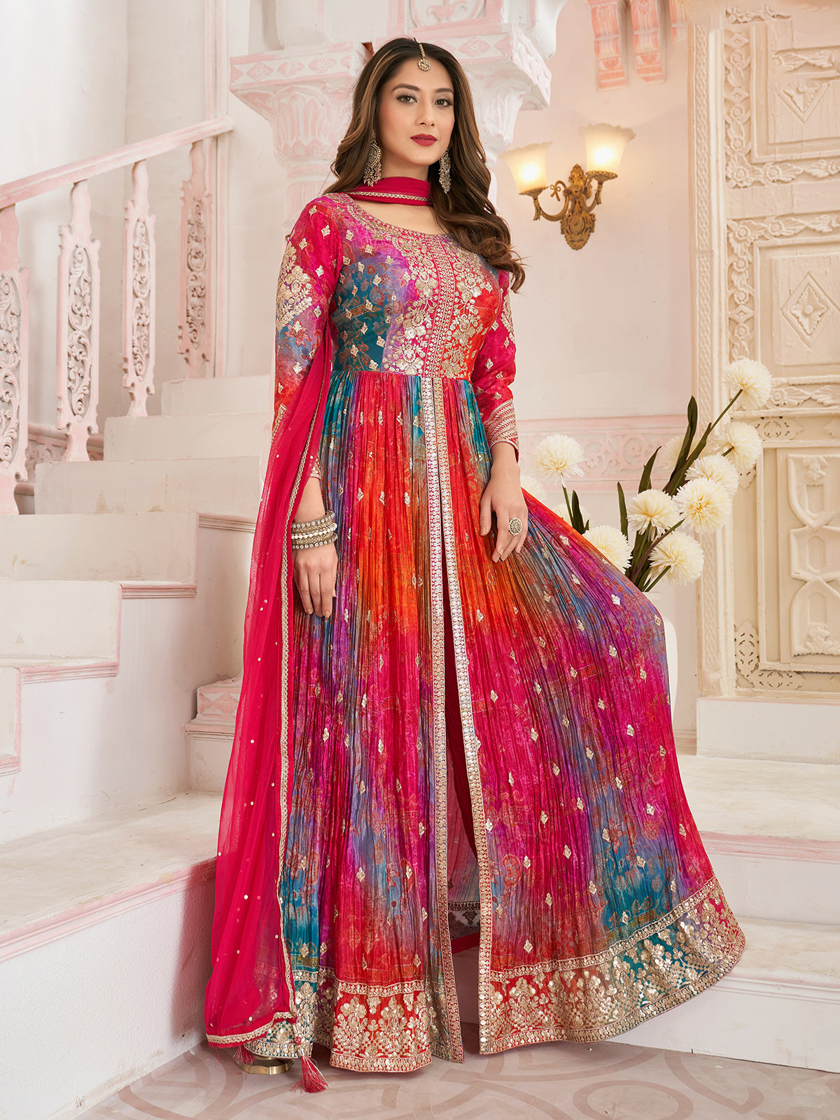 Multicolor silk printed festive anarkali suit