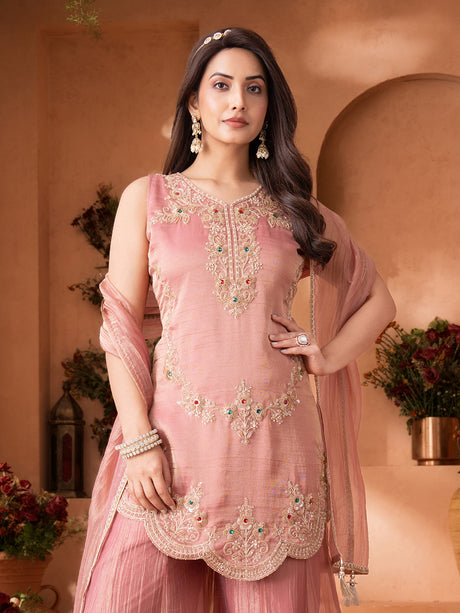 Pastel pink chiffon tissue palazzo suit with diamond sequin detailing