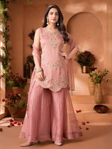 Pastel pink chiffon tissue palazzo suit with diamond sequin detailing