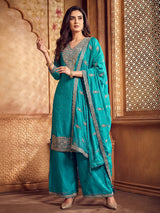 Aqua blue silk pakistani festive wear palazzo suit with dupatta