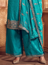 Aqua blue silk pakistani festive wear palazzo suit with dupatta