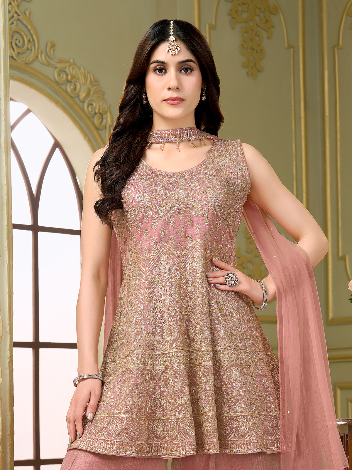 Pastel onion pink chiffon silk salwar suit with sequin work