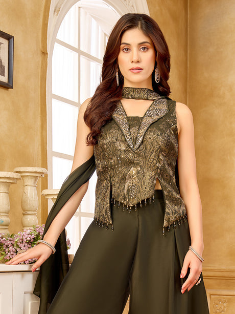 Mehendi green brocade salwar suit with zari embellished collar